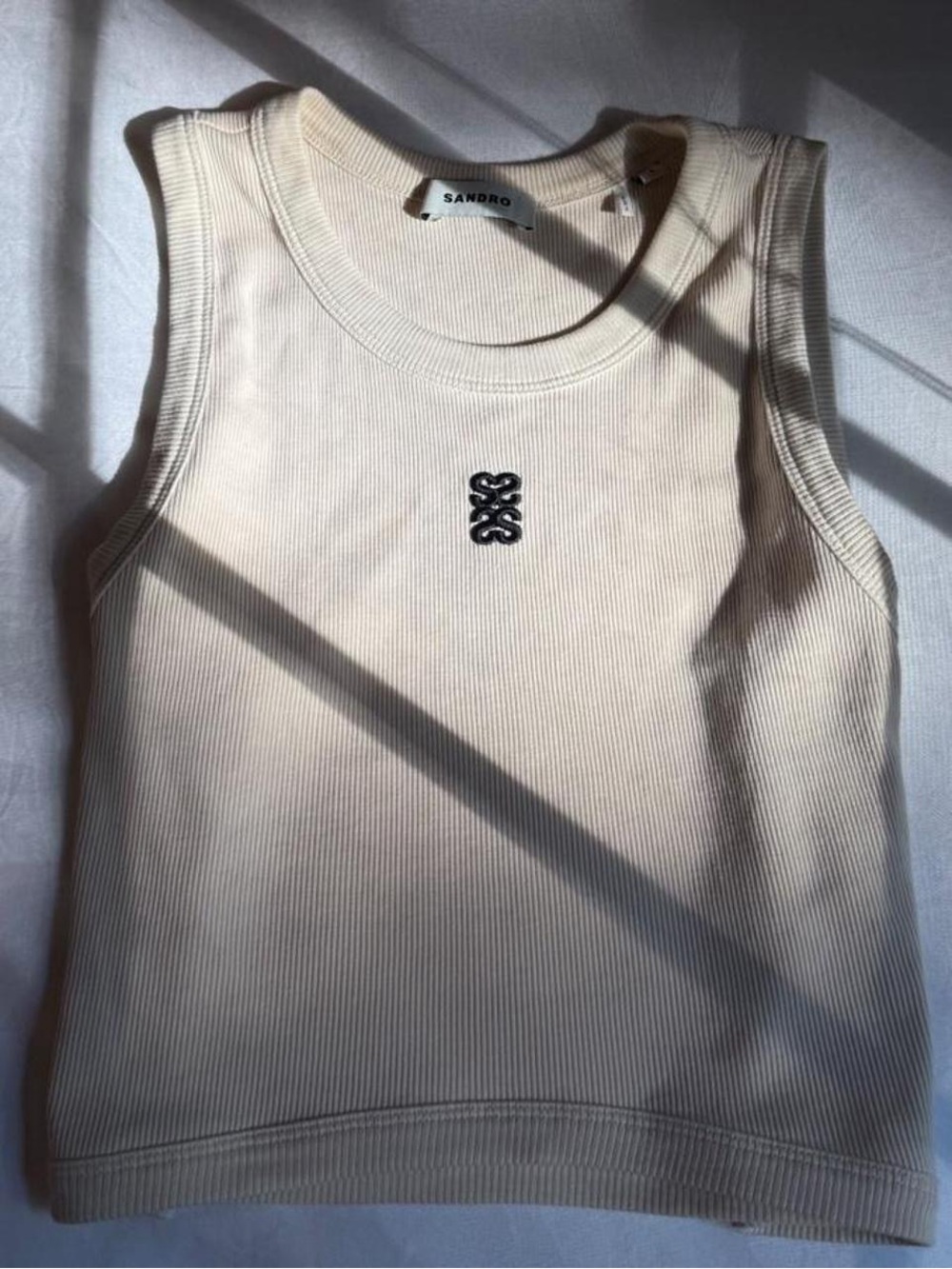 Sandro Beige Ribbed Tank with Black Embroidered Logo